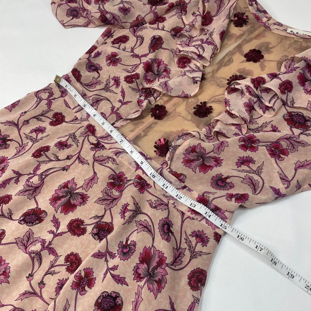 For Love and Lemons Floral Mesh Ruffle Agnes Mini Dress Pink Burgundy Sleeve L - Picture 10 of 16